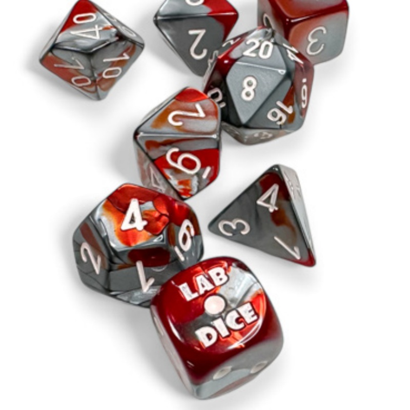 Chessex Dice - Lab Dice - 7-Die Set - Gemini - Polyhedral Red Steel with White