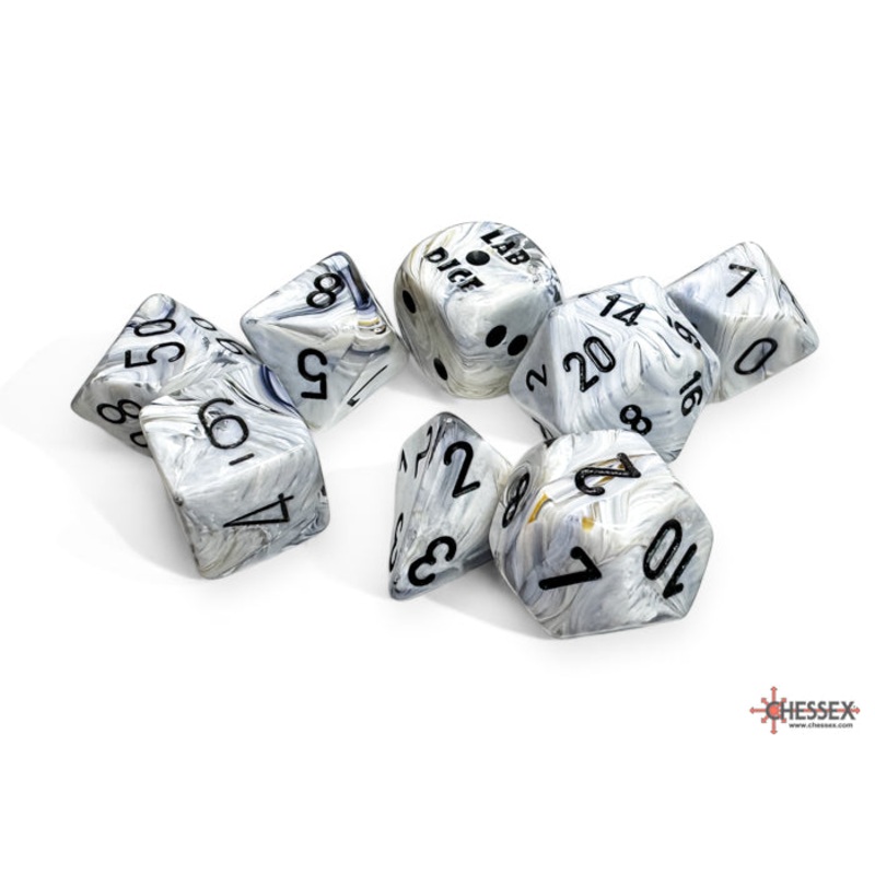 Chessex Dice - Lab Dice - 7-Die Set - Marble - Polyhedral Calcite with Black