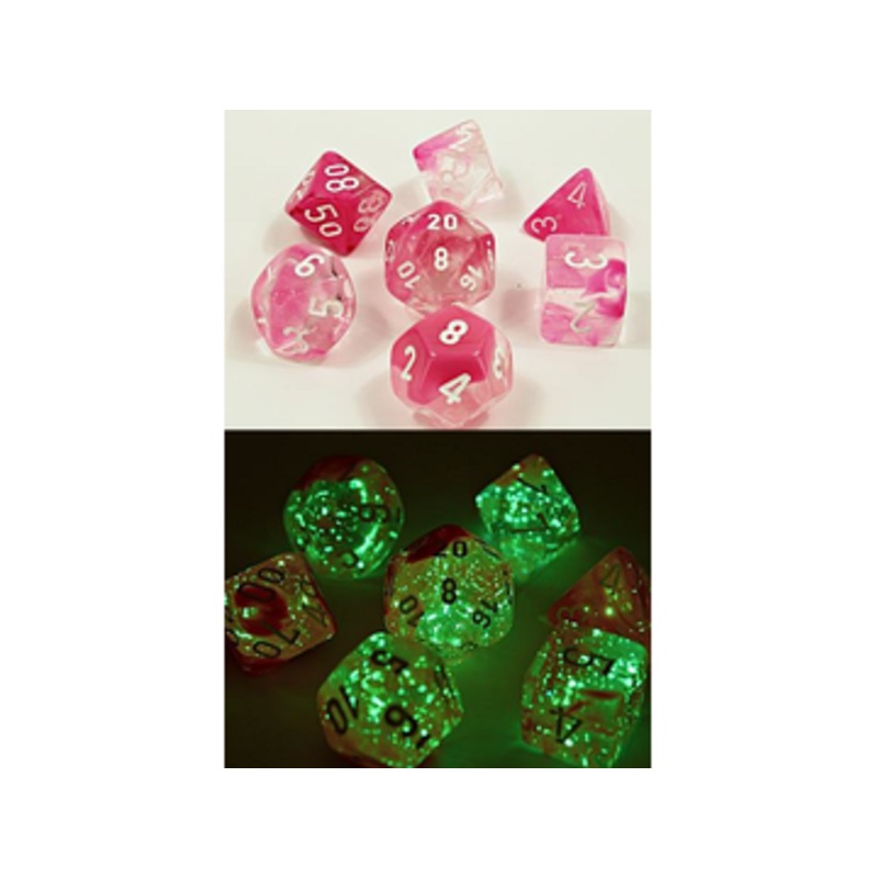 Chessex Dice - Lab Dice - Heavy 7-Die Set - Clear-Pink White Luminary