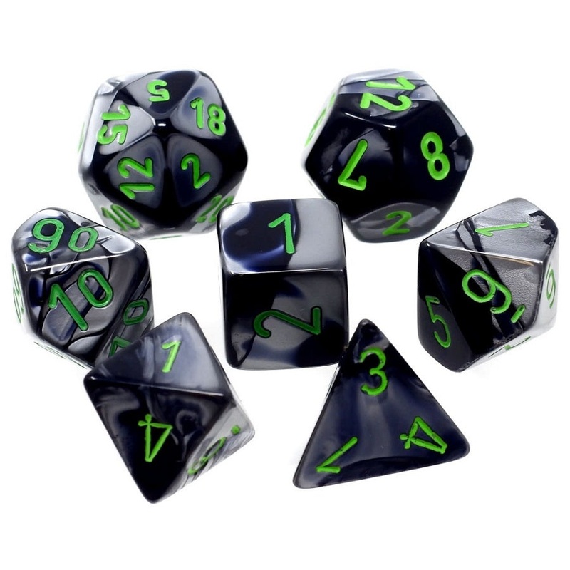 Chessex Dice - Mini Gemini Black-Grey with Green - Set of 7 - CHX 20645