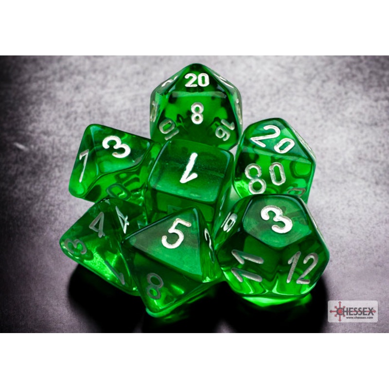 Chessex Dice - Mini Translucent Green with White - Set of 7 - CHX 20375