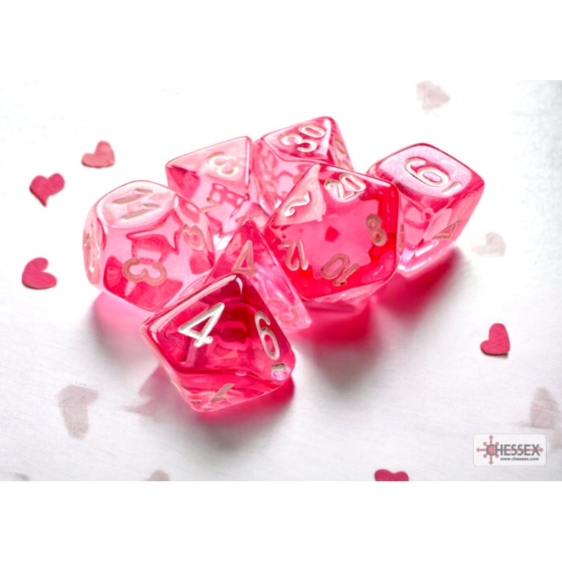 Chessex Dice - Mini Translucent Pink with White - Set of 7 - CHX 20384