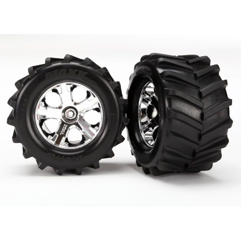 TRAXXAS 6771 Tires & wheels, assembled, glued 2.8" (All-Star chrome wheels, Maxx tires, foam inserts) (2)