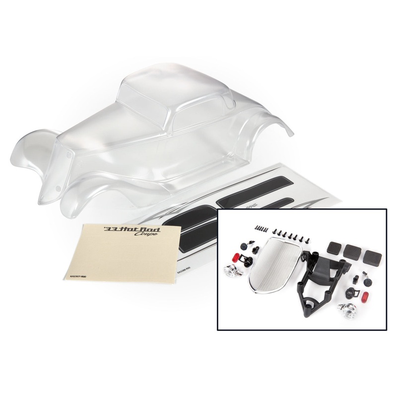 TRAXXAS 9333 Factory Five '33 Hot Rod Coupe (clear, requires painting)/ foam pads (front & rear)/ decal sheet (includes front grille, side mirrors, headlights, tail lights, mounting hardware)
