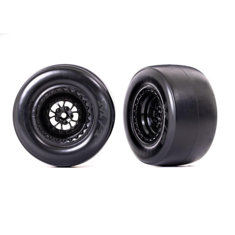 TRAXXAS 9477  Tires & wheels, assembled, glued (Weld glossy black wheels, Mickey Thompson ET Drag Slicks, smoke compound, foam inserts) (rear) (2)