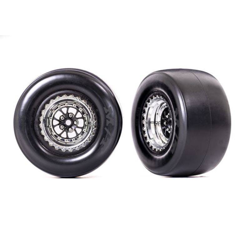 TRAXXAS 9477R  Tires & wheels, assembled, glued (Weld chrome with black wheels, Mickey Thompson ET Drag Slicks, smoke compound, foam inserts) (rear) (2)