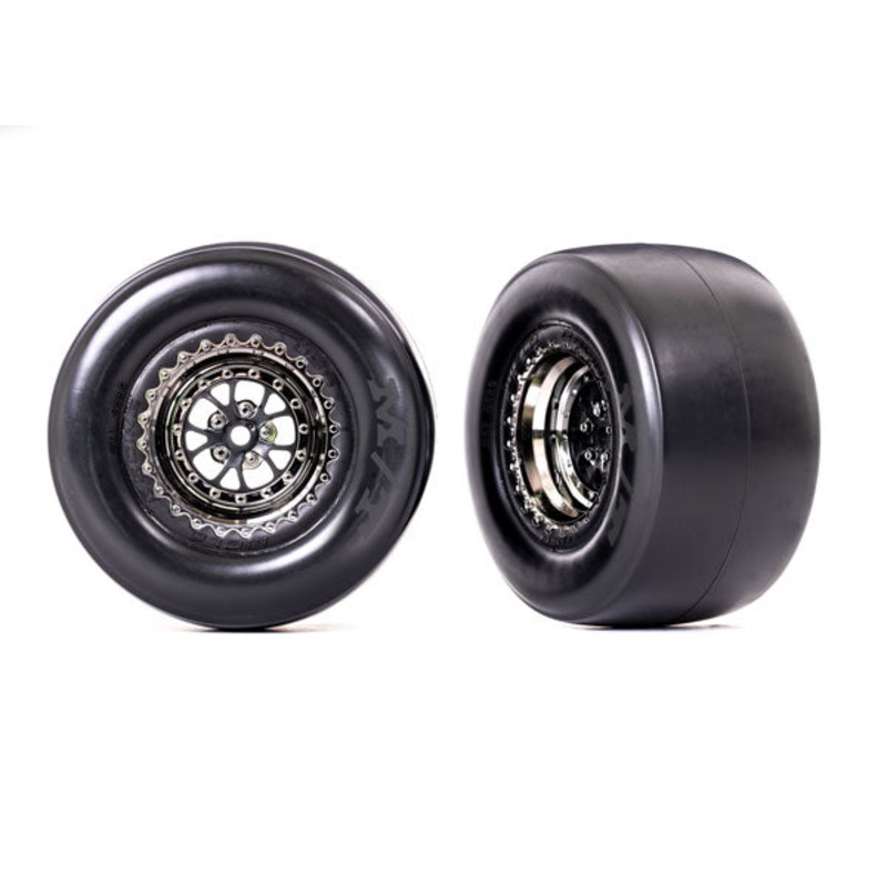 TRAXXAS 9477X Tires & wheels, assembled, glued (Weld black chrome wheels, Mickey Thompson ET Drag Slicks, smoke compound, foam inserts) (rear) (2)