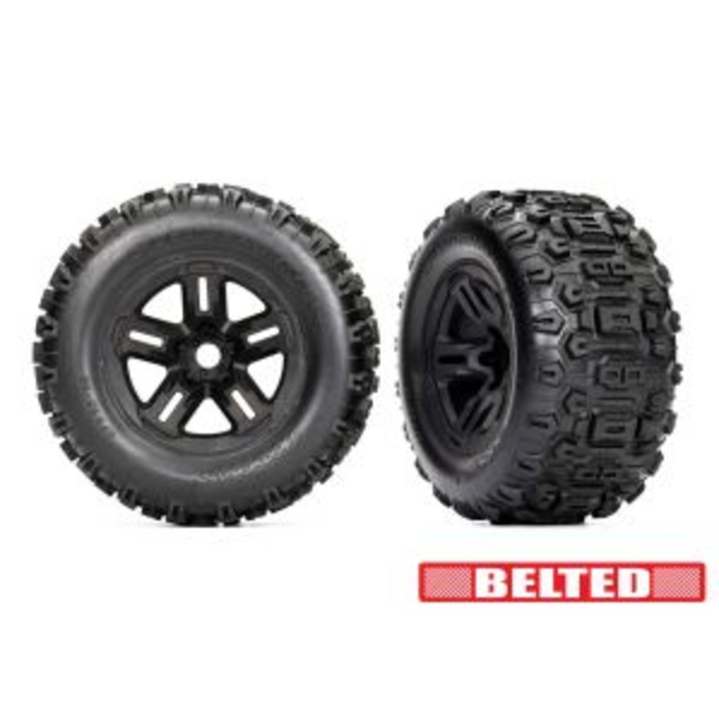 TRAXXAS 9573 Tires & wheels, assembled, glued (3.8" black wheels, belted Sledgehammer tires, foam inserts) (2)