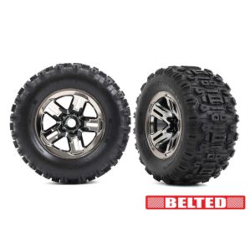 TRAXXAS 9573A Tires & wheels, assembled, glued (3.8" black chrome wheels, belted Sledgehammer tires, foam inserts) (2)