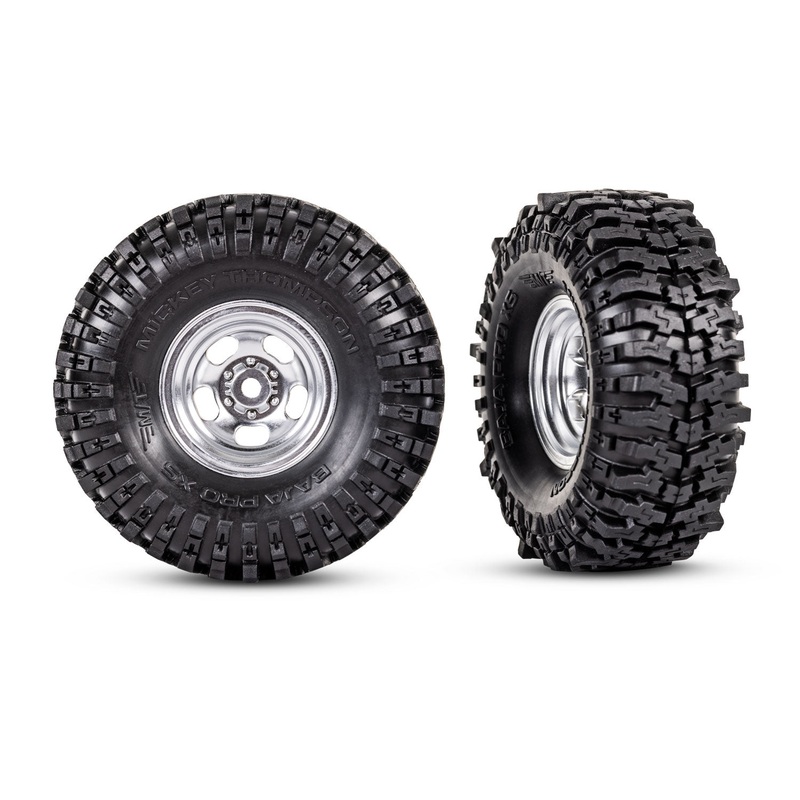 TRAXXAS 9872 Tires & wheels, assembled (1.0" satin chrome wheels, Mickey Thompson Baja Pro Xs 2.4x1.0" tires) (2)