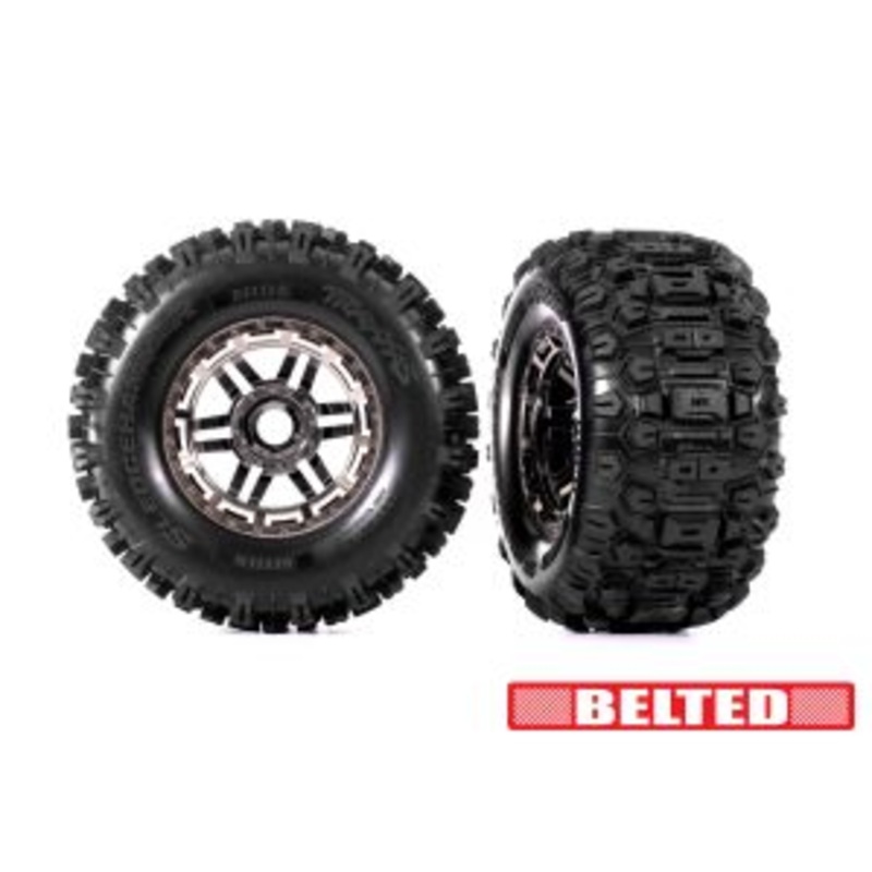 TRAXXAS 8979A Tires & wheels, assembled, glued (black chrome wheels, belted Sledgehammer All-Terrain tires, dual profile (2.9" outer, 3.8" inner), foam inserts) (2) (17mm splined) (TSM rated)