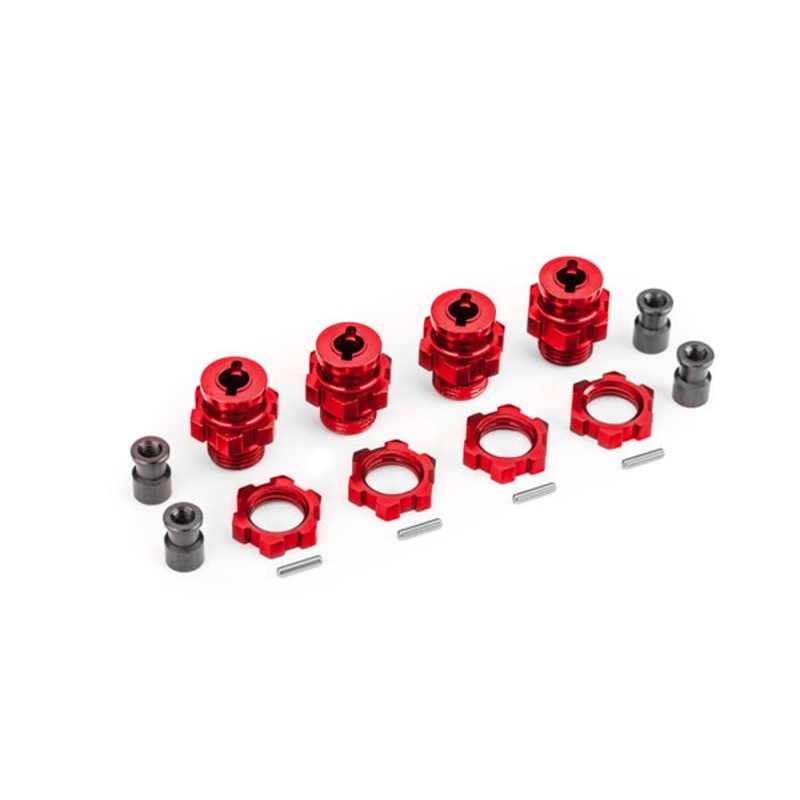 TRAXXAS 9086-RED Wheel hubs, splined, 17mm, short (red-anodized) (4)/ wheel nuts, splined, 17mm (red-anodized) (4)/ hub retainer M4 X 0.7 (4)/ axle pin (4) (for use with #9080 upgrade kit)