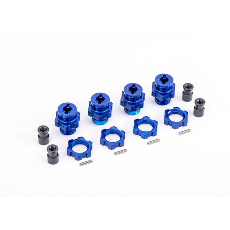 TRAXXAS 9086 Wheel hubs, splined, 17mm, short (blue-anodized) (4)/ wheel nuts, splined, 17mm (blue-anodized) (4)/ hub retainer M4 X 0.7 (4)/ axle pin (4) (for use with #9080 upgrade kit)