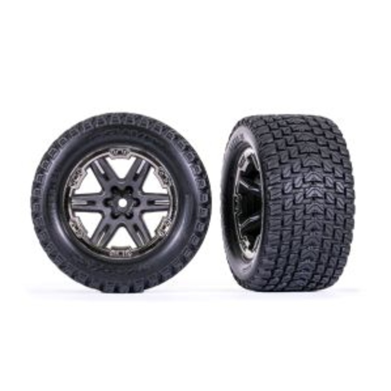 TRAXXAS 6764-BLKCR Tires & wheels, assembled, glued (2.8") (RXT charcoal gray & black chrome wheels, Gravix tires, foam inserts) (4WD electric front/rear, 2WD electric front only) (2) (TSM rated)