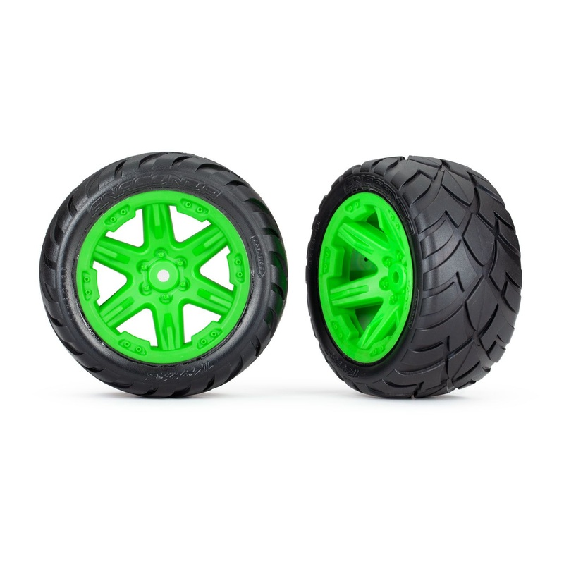 TRAXXAS 6768G Tires & wheels, assembled, glued (2.8") (RXT green wheels, Anaconda tires, foam inserts) (2WD electric rear) (2) (TSM rated)