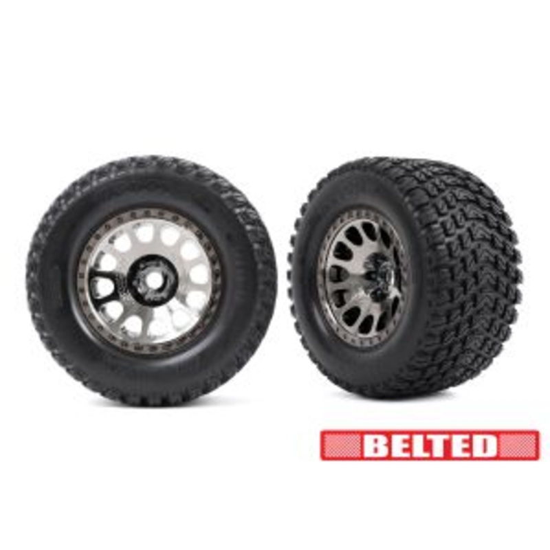 TRAXXAS 7862X Tires & wheels, assembled, glued (XRT Race black chrome wheels, Gravix belted tires, dual profile (4.3" outer, 5.7" inner) foam inserts) (left & right)