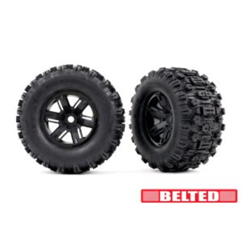TRAXXAS 7871 Tires & wheels, assembled, glued (X-Maxx black wheels, Sledgehammer belted tires, dual profile (4.3" outer, 5.7" inner), foam inserts) (left & right)