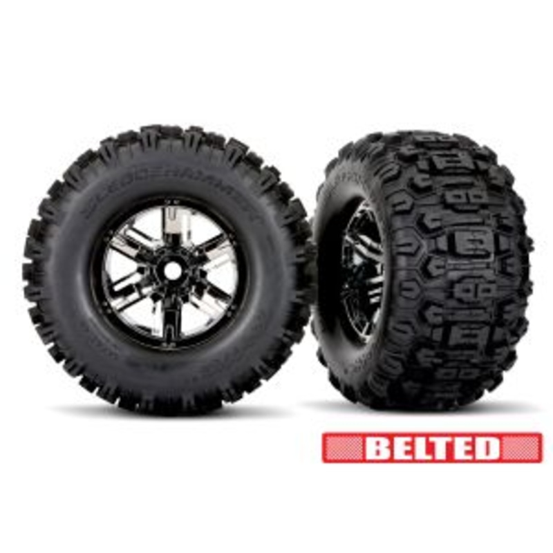 TRAXXAS 7871X Tires & wheels, assembled, glued (X-Maxx black chrome wheels, Sledgehammer belted tires, dual profile (4.3" outer, 5.7" inner), foam inserts) (left & right)