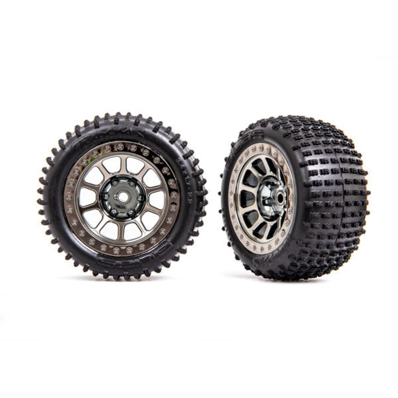 TRAXXAS 2470T Tires & wheels, assembled (2.2" black chrome wheels, Alias 2.2" tires) (2) (Bandit rear, medium compound with foam inserts)