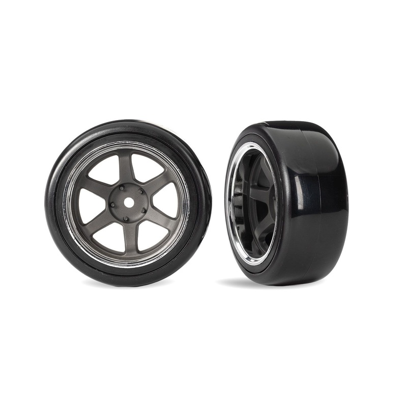 TRAXXAS 10576 Tires & wheels, assembled (six spoke graphite gray wheels w/chrome rim, 1.9" Drift tires (2 dots, soft, smooth surfaces)) (wide, rear) (2)