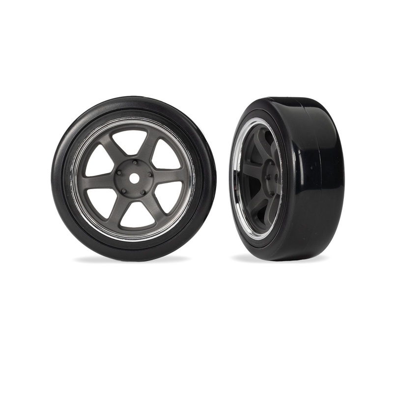 TRAXXAS 10577 Tires & wheels, assembled (six spoke graphite gray wheels w/chrome rim, 1.9" Drift tires (2 dots, soft, smooth surfaces)) (front) (2)