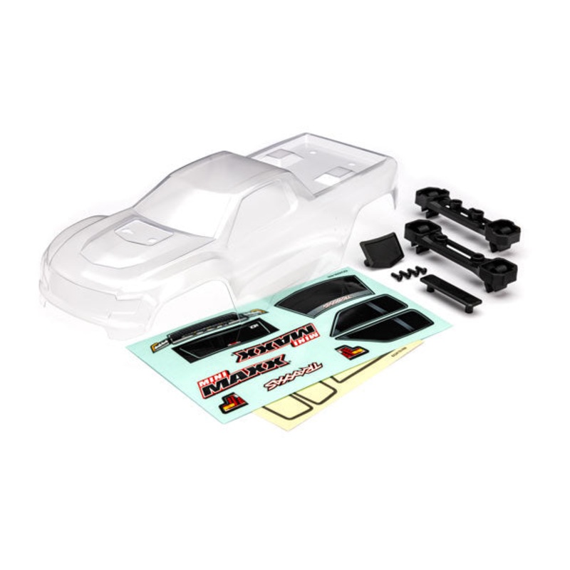 TRAXXAS 10711 Body, Mini Maxx (clear, requires painting)/ window masks/ decal sheet (includes front & rear body latches, hardware) (for clipless mounting)