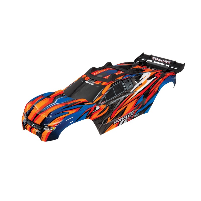 TRAXXAS 6717T Body, Rustler 4X4 VXL, orange (painted, decals applied) (assembled with front & rear body mounts and rear body support for clipless mounting)