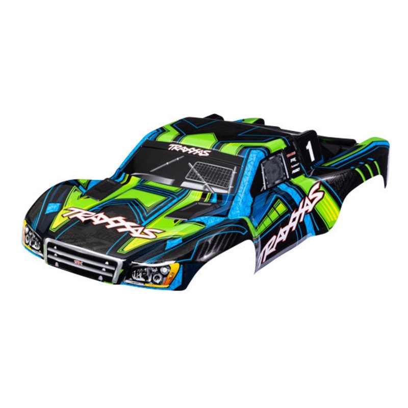 TRAXXAS 6844-GRN  Body, Slash 4X4 (also fits Slash VXL & Slash 2WD), green and blue (painted, decals applied) (assembled with front & rear latches for clipless mounting)