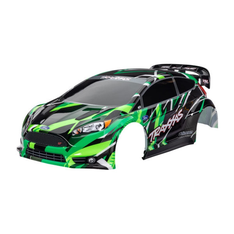 TRAXXAS 7427-GRN  Body, Ford Fiesta ST Rally VXL, green (painted, decals applied) (assembled with rear wing, body support, & body mount latches for clipless mounting)