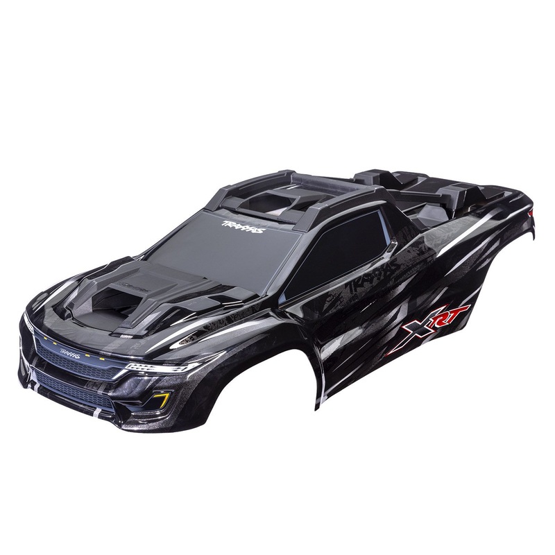 TRAXXAS 7840 Body, XRT, black (painted, decals applied) (assembled with front & rear body supports for clipless mounting, roof & hood skid pads)