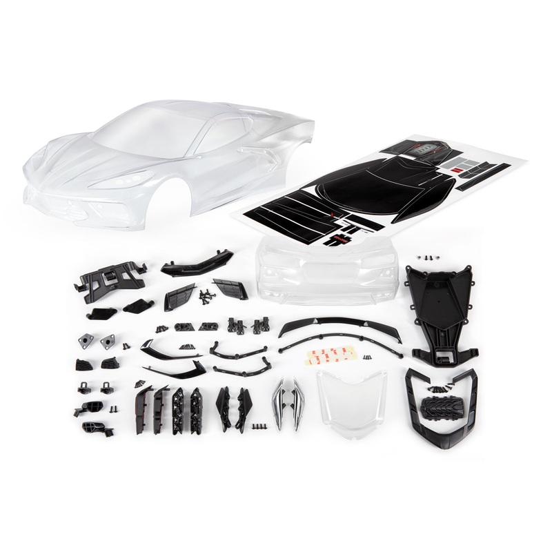 TRAXXAS 9311 Body, Chevrolet Corvette Stingray (clear, trimmed, requires painting)/ decal sheet (includes side mirrors, spoiler, grilles, vents, hardware, & clipless mounting)
