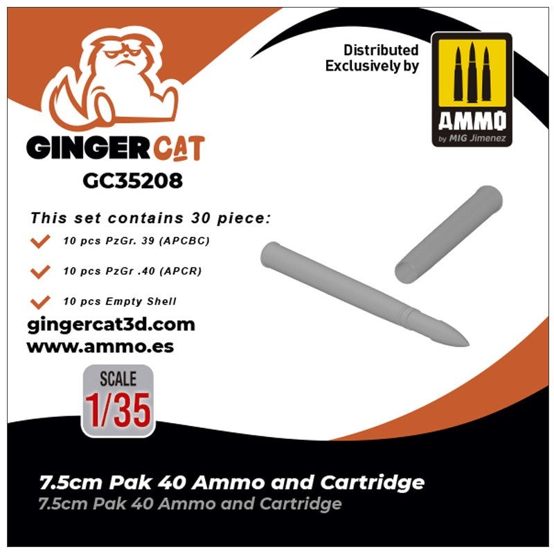 Gingercat - 1/35 7.5cm Pak40 Ammo and Cartridge (30pcs)