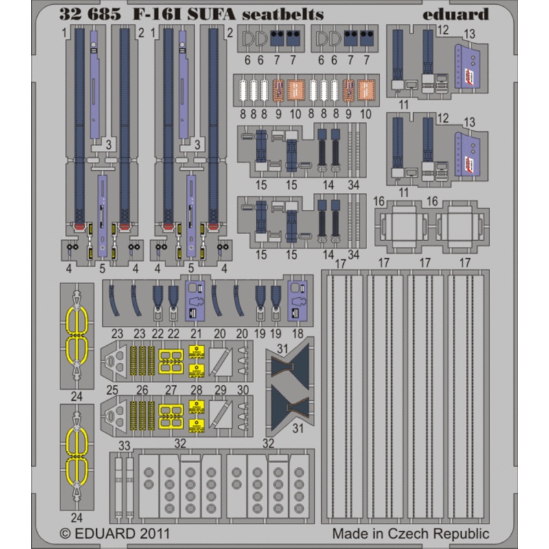Eduard - 1/32 F-16I SUFA Seatbelts (Color photo-etched) (for Academy) 32685