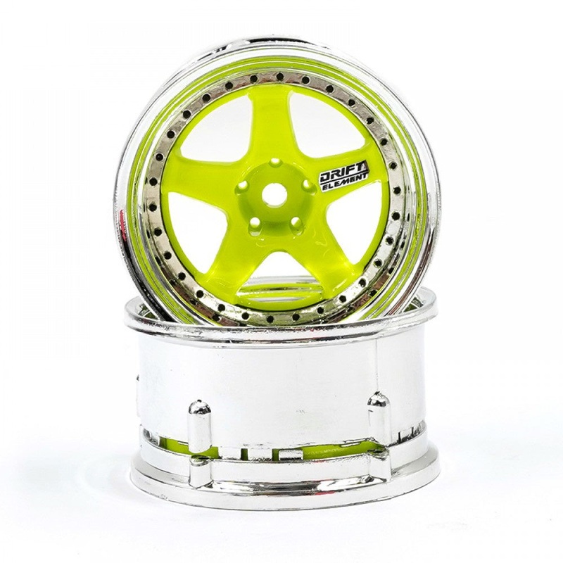 DS Racing - Drift Element 5 Spoke Rim Lime Chrome Lip w/ Black Rivets for 1/10 Scale (2 pcs)