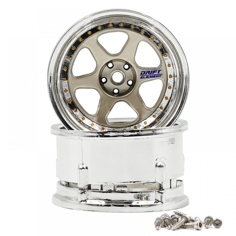 DS Racing - Drift Element 6 Spoke Rim Light Gold Chrome Lip w/ Gold Rivets for 1/10 Scale (2 pcs)