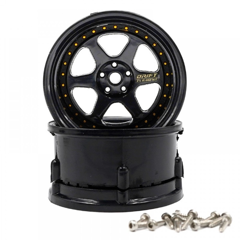 DS Racing - Drift Element 6 Spoke Rim Triple Black w/ Gold Rivets for 1/10 Scale (2 pcs)