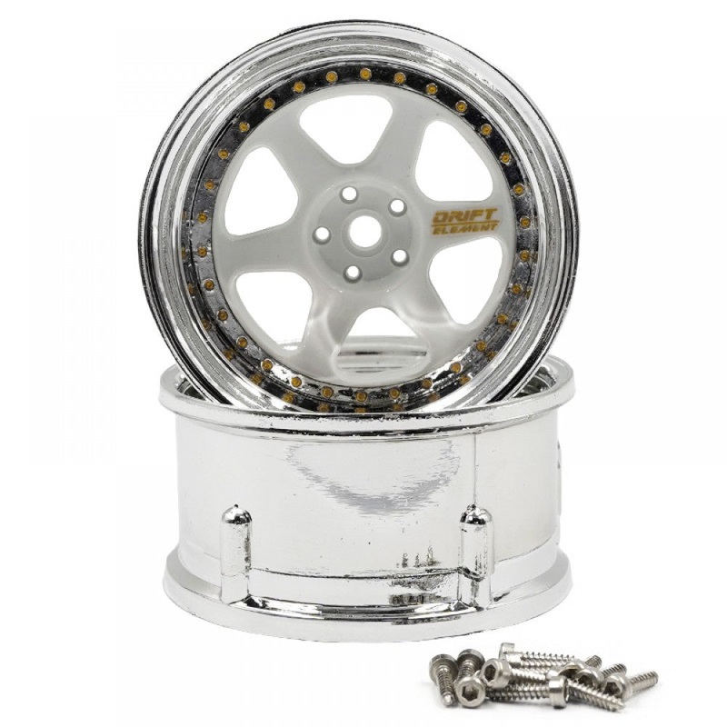 DS Racing - Drift Element 6 Spoke Rim White Face Chrome Lip w/ Gold Rivets For 1/10 Scale (2 pcs)