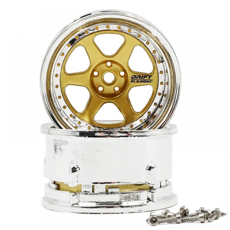 DS Racing - Drift Element II 6 Spoke Rim Gold Chrome Lip w/ Gold Rivets for 1/10 Scale (2 pcs)